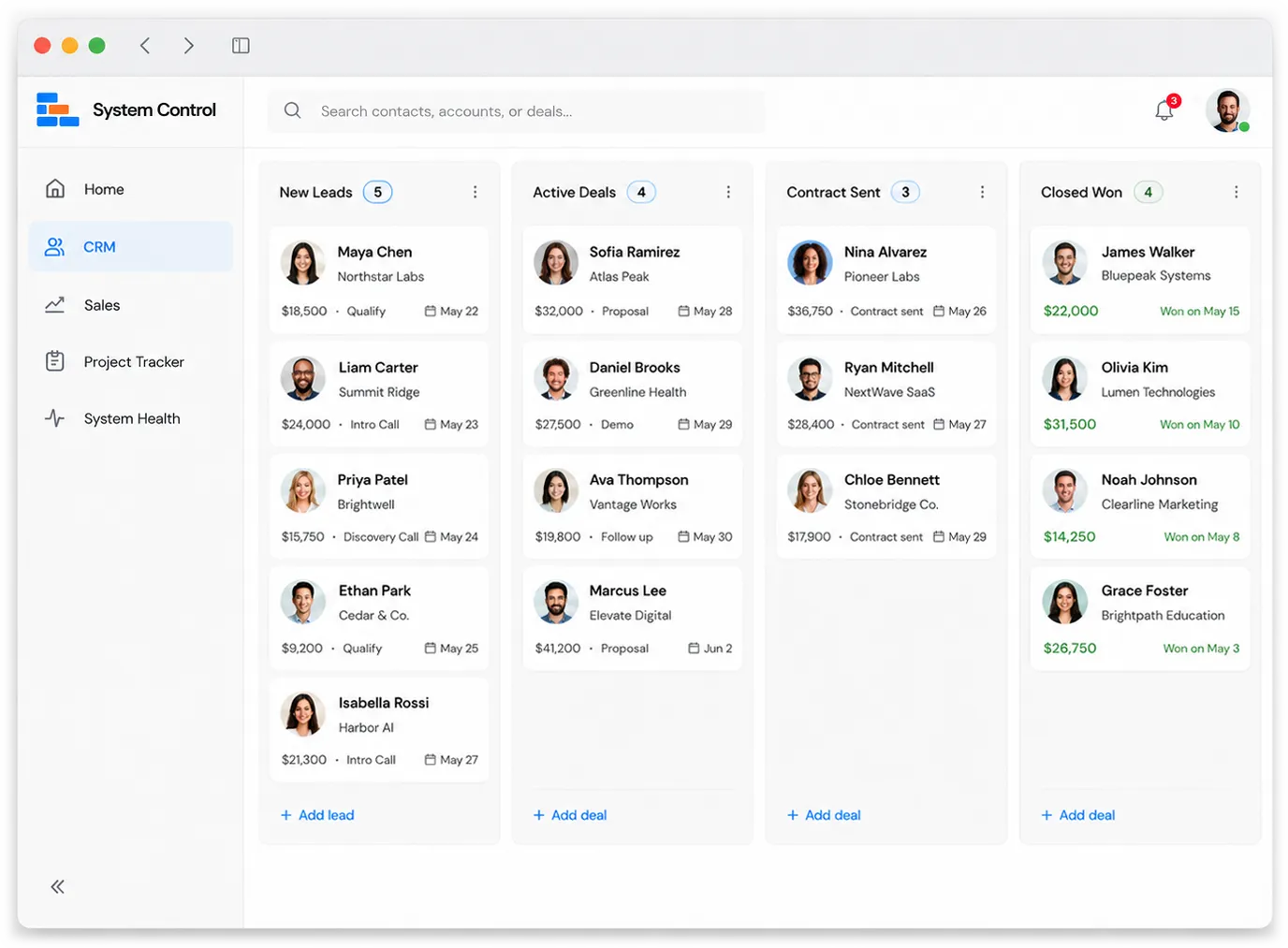 System Control CRM board with leads moving from new lead to closed won