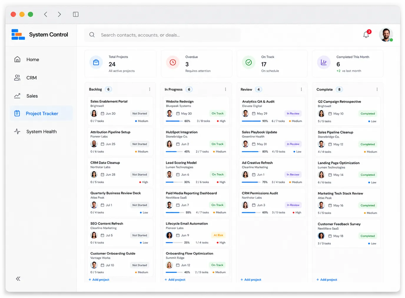 System Control project tracker board with backlog, in progress, review, and complete columns